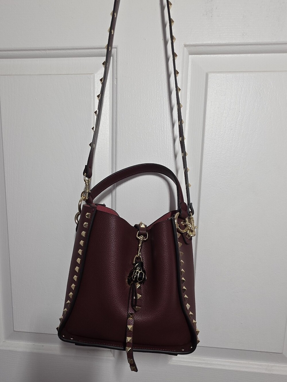 Studded Burgundy Leather Bucket Bag - Picture 4 of 16